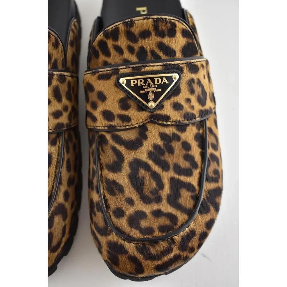 Prada Leopard Pony Fur Fussbett Gold Logo Loafer Slip On Slide Mule Flat 37